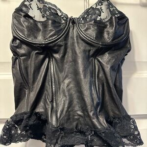 XTC Leather of NY Vintage Black Leather Bustier with Lace Trim